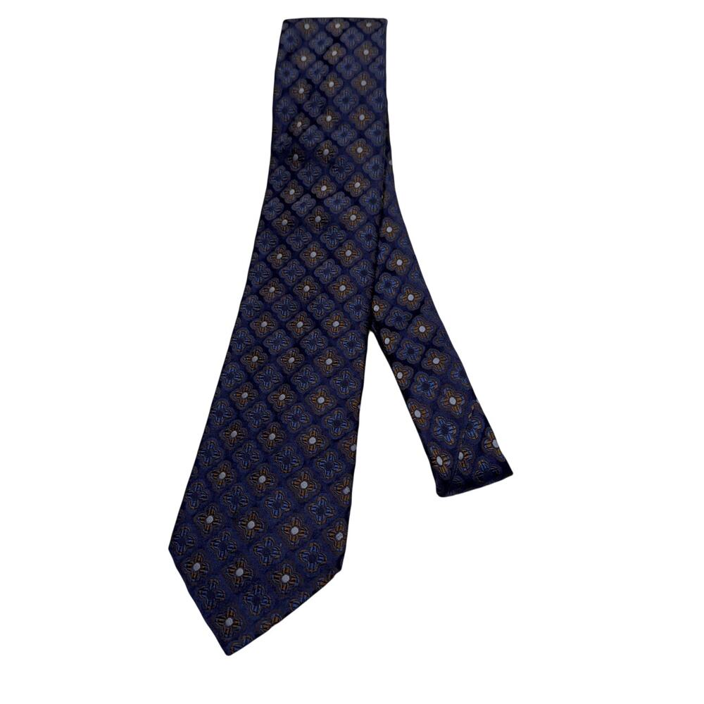 Faconnable Men's Silk Tie‎ Necktie Blue Brown Geometric Floral Classic Designer